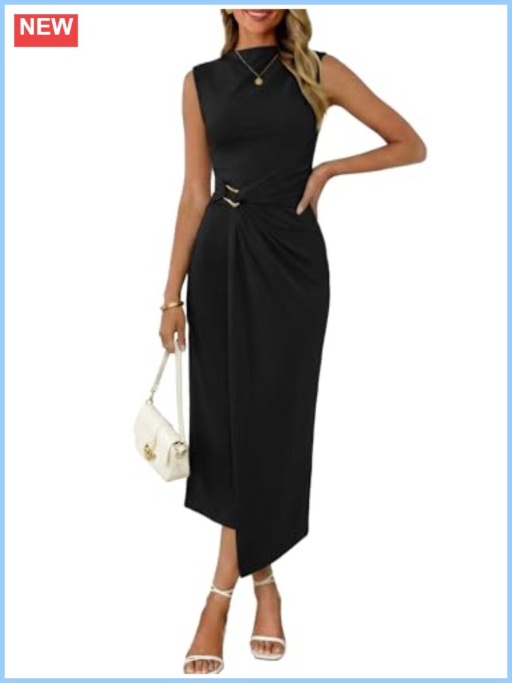 Ribbed Knit Mock Neck Ruched Bodycon Midi Dress Sleeveless Cocktail